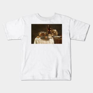 Olives in a Blue and White Porcelain Bowl, a Roemer, Wine Glasses, an Overturned Silver Tazza and a Meat Pie by Willem Claeszoon Heda Kids T-Shirt